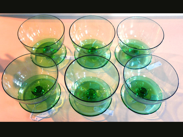 アンティーク　ガラス グリーン・ブルー系 アイスクリームグラス　グリーン　（6個セット）