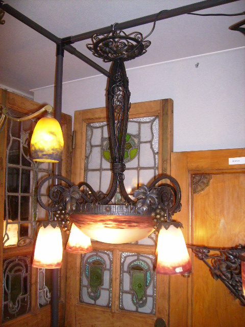 アールヌーボー様式　ハンギングランプ　大１灯＋小４灯　デュゲ,アンティーク　照明,シャンデリア・ハンギングランプ