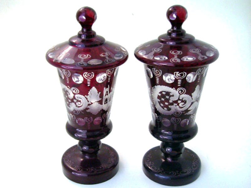 画像1: ボヘミアン　ルビー　カットグラス　ペア (1)