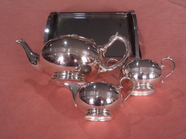 画像2: ティ・4点セット アール・デコ シルバープレート 未使用 (2)