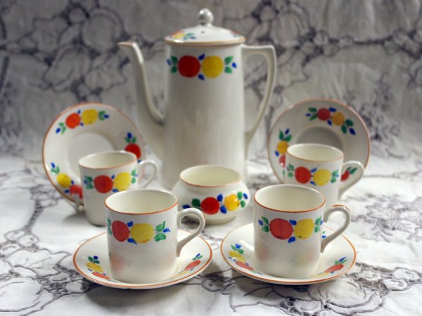 画像2: CROWN DUCAL  WARE カップ&ソーサー4客+シュガーボール+ポット ハンドペイント (2)