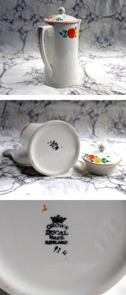 画像7: CROWN DUCAL  WARE カップ&ソーサー4客+シュガーボール+ポット ハンドペイント (7)